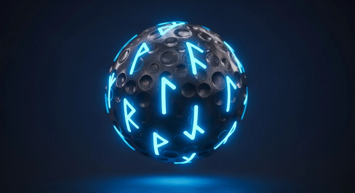 A glowing magical golf ball with blue runes, click to play Goblin Golf.